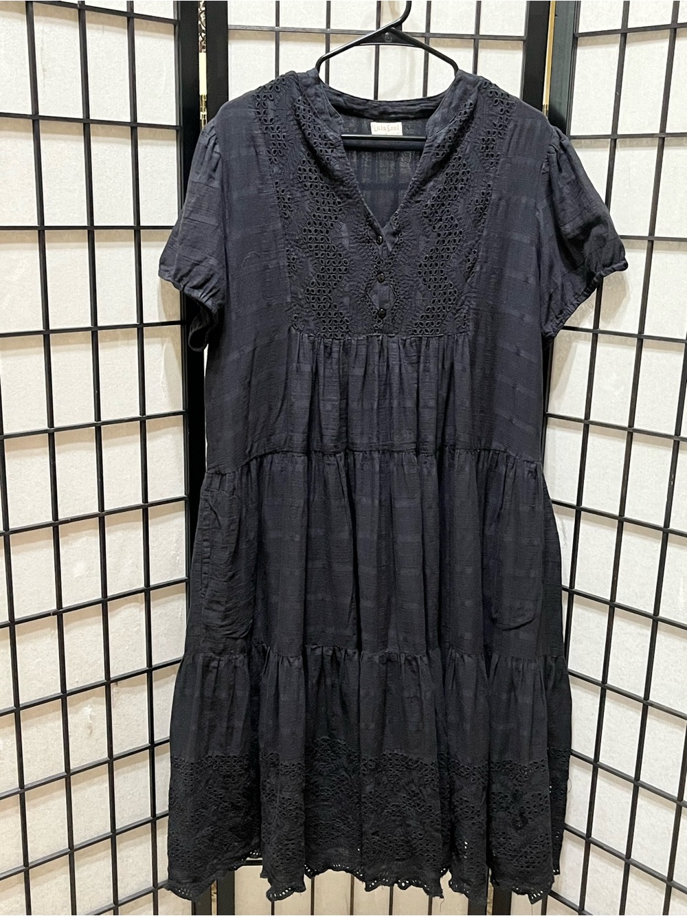 LULA SOUL CHARCOAL Black Eyelet Tiered Cotton MIDI Dress - WOMEN SIZE L